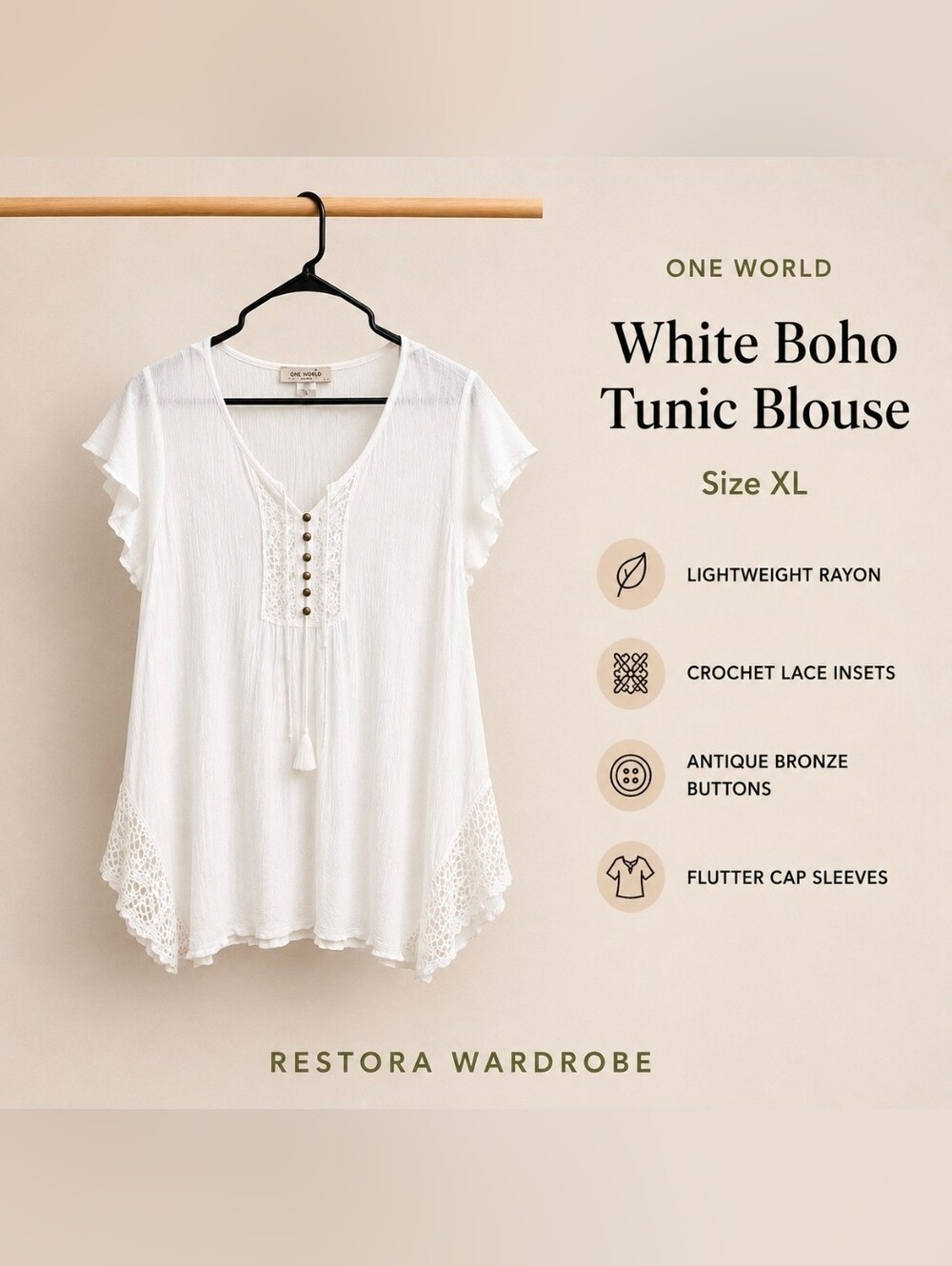 One World White Crochet Lace Boho Tunic Top XL Tassel Tie Asymmetrical Hem